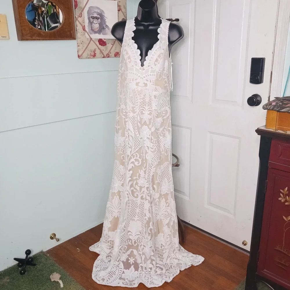 LUXXEL Wedding Bridal Dress Ivory White/Lace Nude lined Boho Maxi Long Gown NWT - Picture 1 of 13